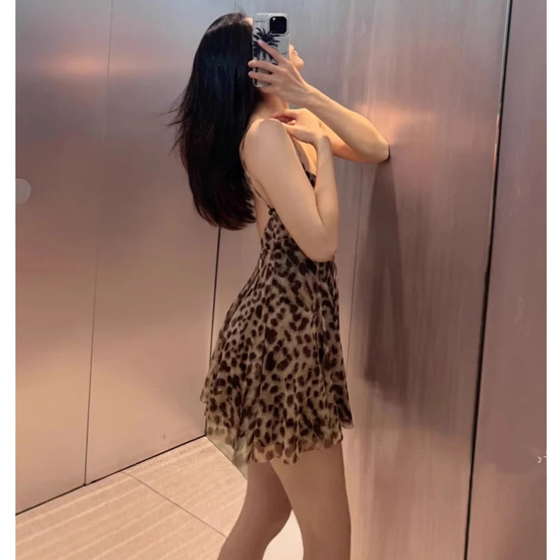 MUJER Leopard Print Tulle Mini Dress for Women