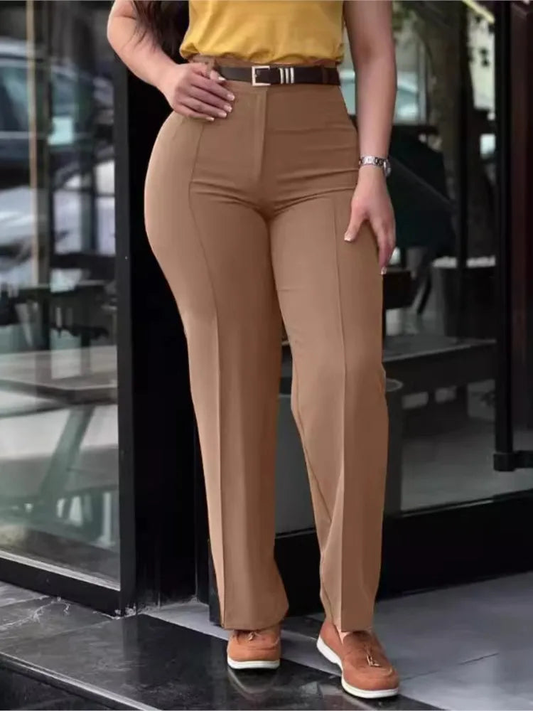 Elegant High Waist Straight Leg Women's Work Pants Polyester