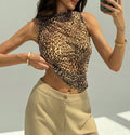 Women's Sexy Leopard Print High Neck Sleeveless Ruched Fitted Tank Top Trendy Casual Top