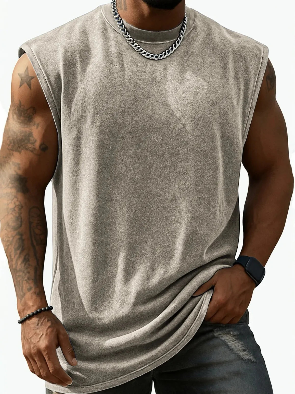 Men Vintage Washed Solid Crew Neck Sleeveless Tank Top Loose Fit Heavy Cotton Casual Fitness Summer Vest