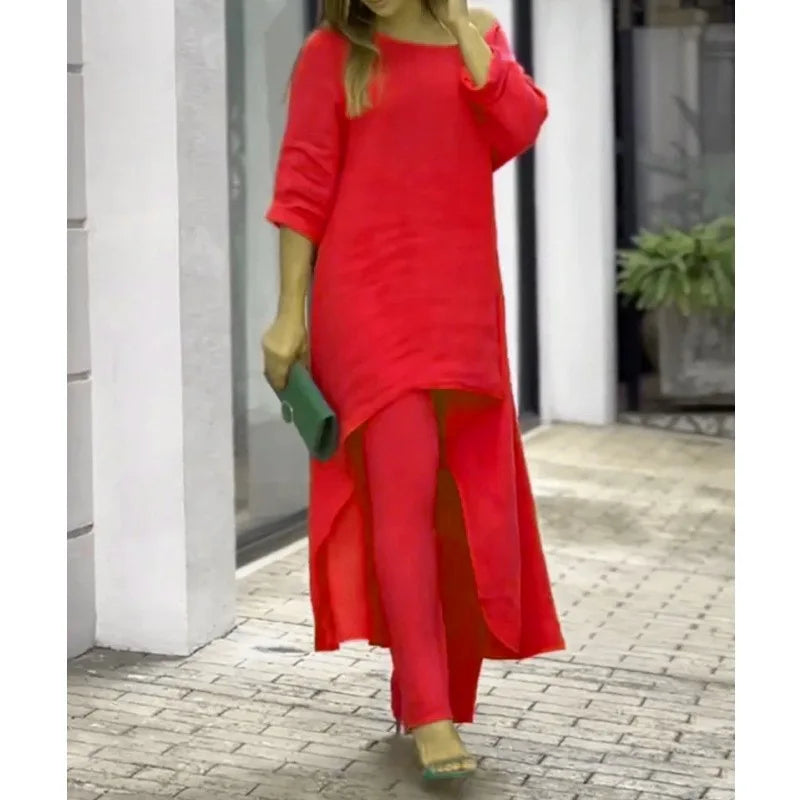 Plus Size Women's Indie Folk Asymmetrical Dress and Pants Set