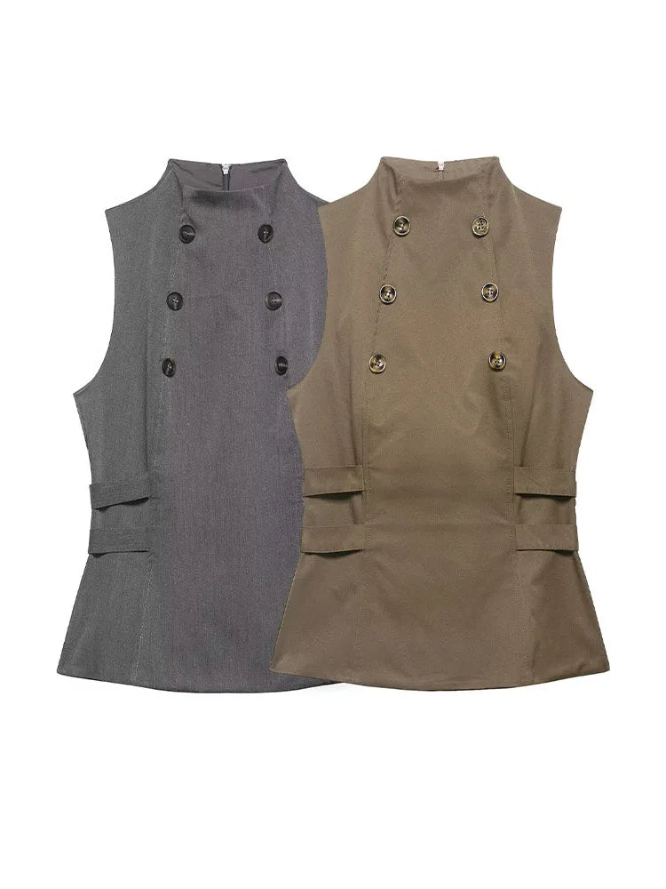 HH Woman 2026 Summer New Fashion Elegant Short Top Fashion Female High Collar Sleeveless Back Zipper Casual Slim Solid Vest Top