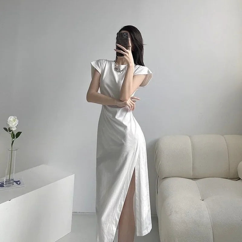 Chic White Cotton Blend Midi Dress for Women