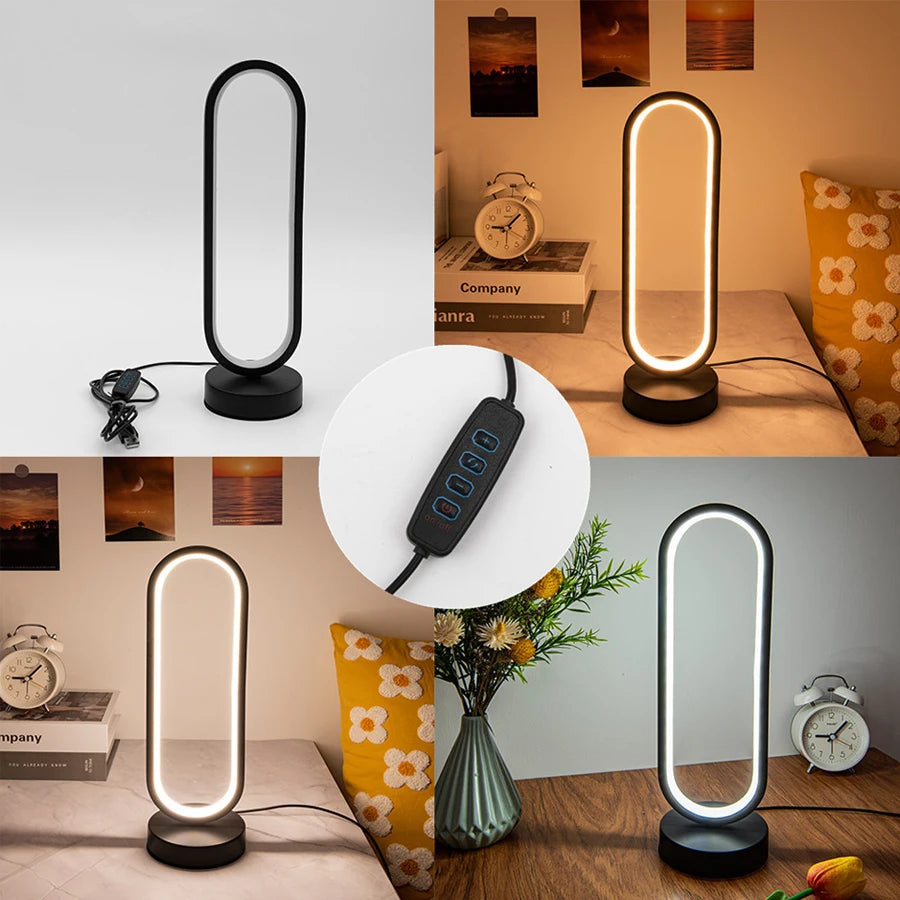 Dimmable LED Ring Table Lamp in Black for Bedroom and Living Room