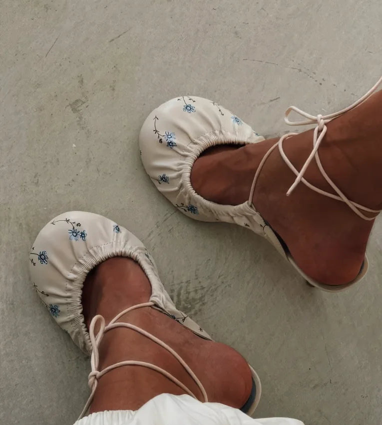 Women's 2026 new in blue flower round toe sandals leather lace up white sexy high heels luxury designer party shoes on offer