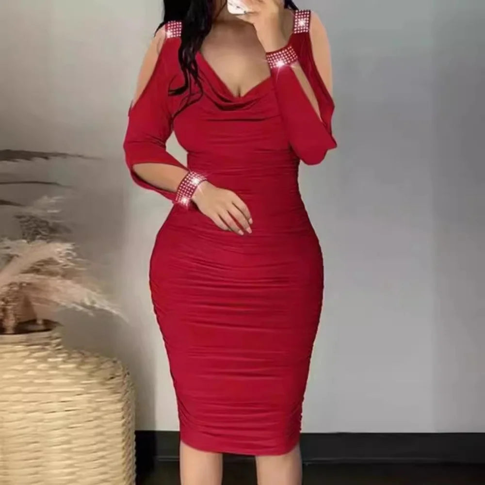 V-Neck Pleated Sheath Dress for Women in Solid Color