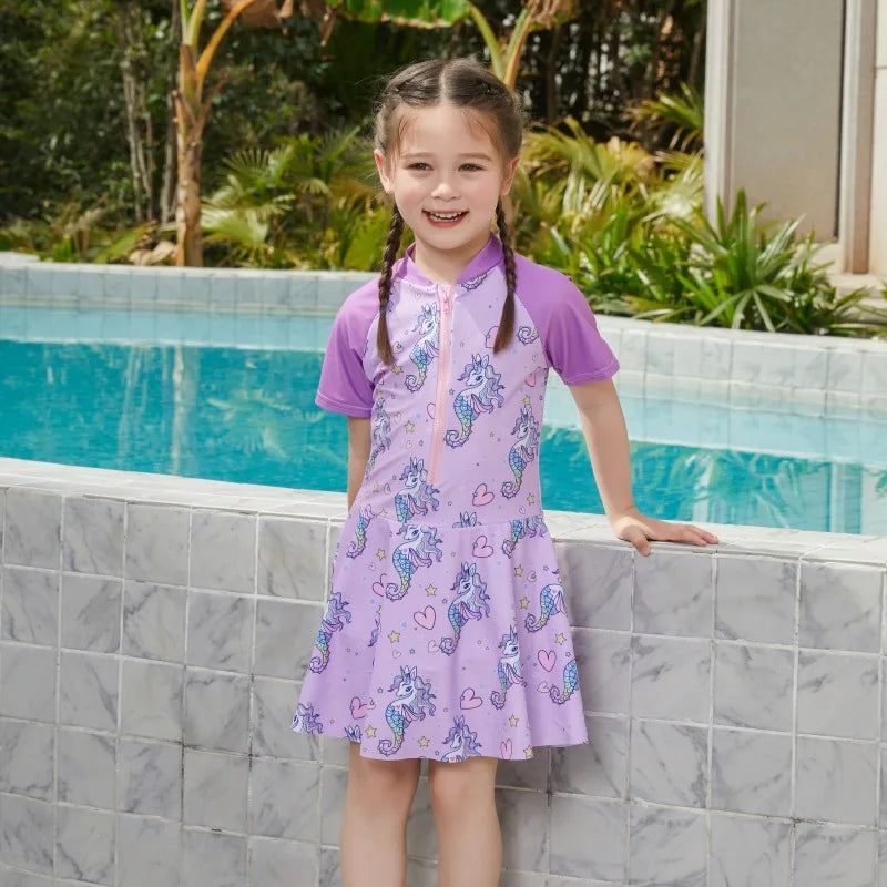 Girls' Cartoon One-Piece Swim Dress in Elastane for Spring