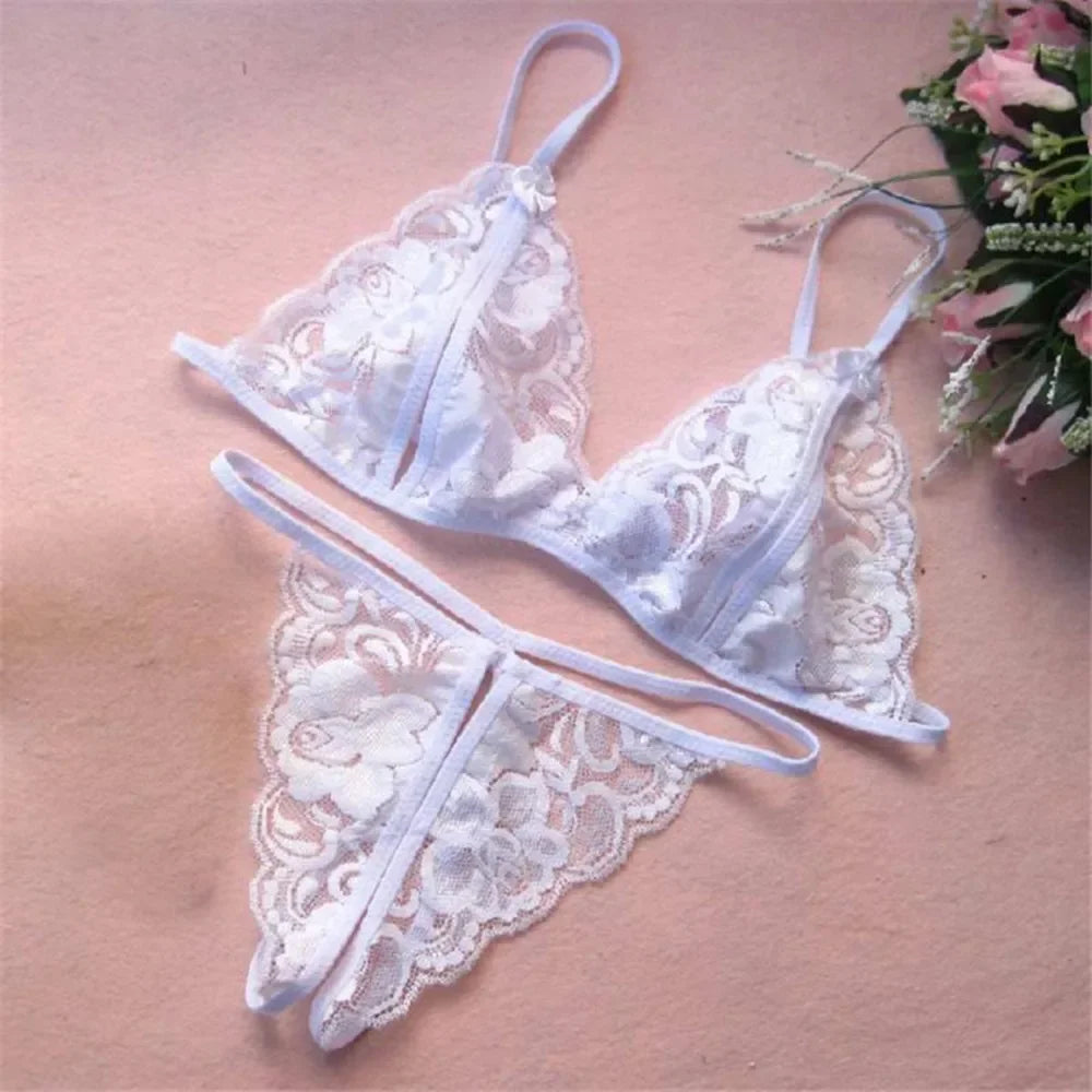 Lace Up Bra and Open Crotch G-String Set for Women