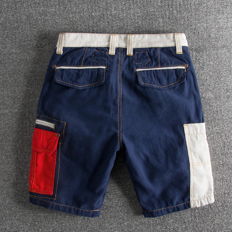 Summer fashion style personality color splicing wash and do old slim men's cargo shorts multi-pocket casual pants