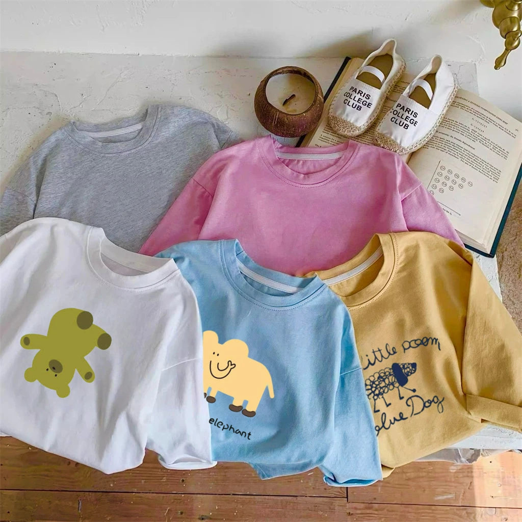 Cartoon Print Cotton Tees for Kids Casual Autumn Wear
