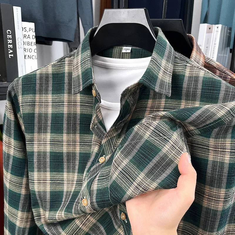 2026 Autumn New Men's Printed Striped Long Sleeved Shirt Casual Fashion Versatile Men's Top