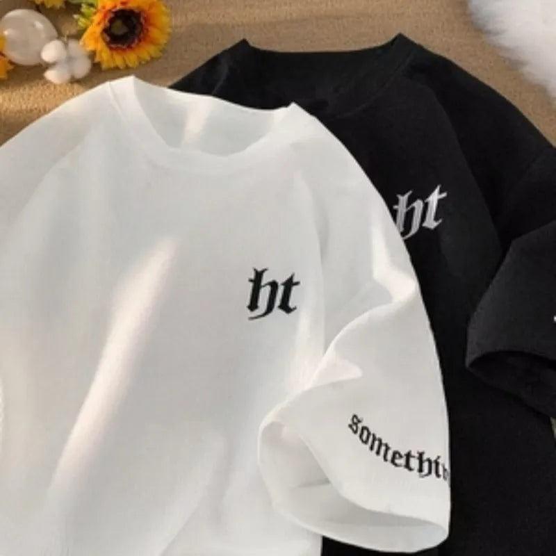 Mature Minimalist Style Gothic Printed Round Neck Short Sleeved Top Versatile T-shirt For Men In Summer