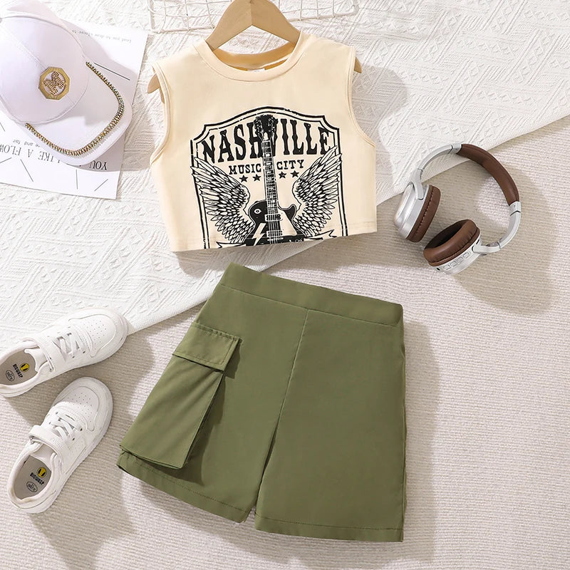 Girls Retro Rock Print Tank Top and Cargo Shorts Set
