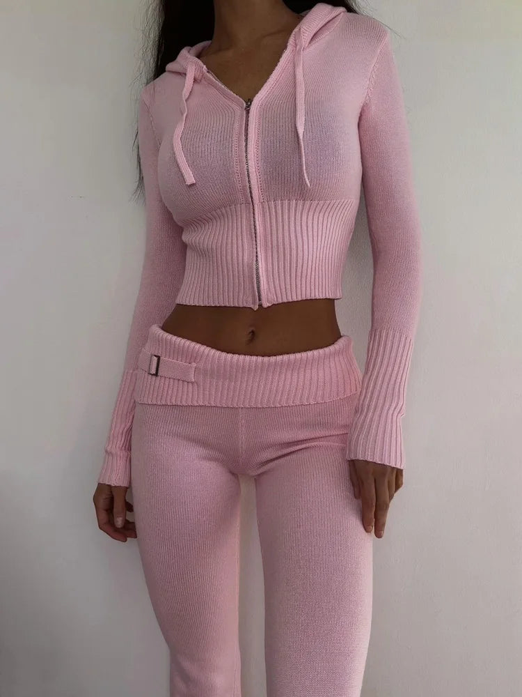 TARUXY Women Zipper Hoodie Set with Flare Pants for Casual Wear
