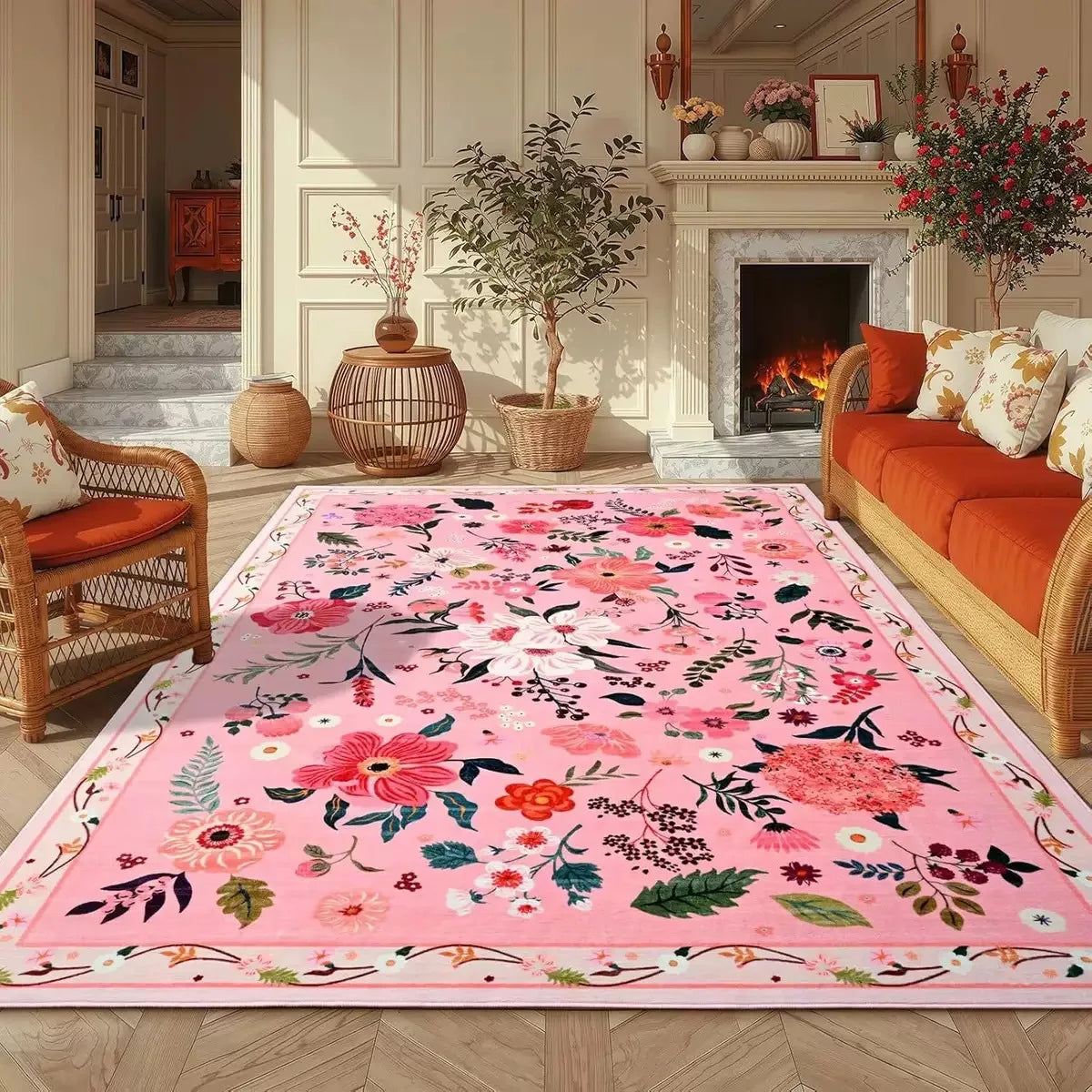 Washable Floral Pattern Living Room Rug Customizable Floor Mat