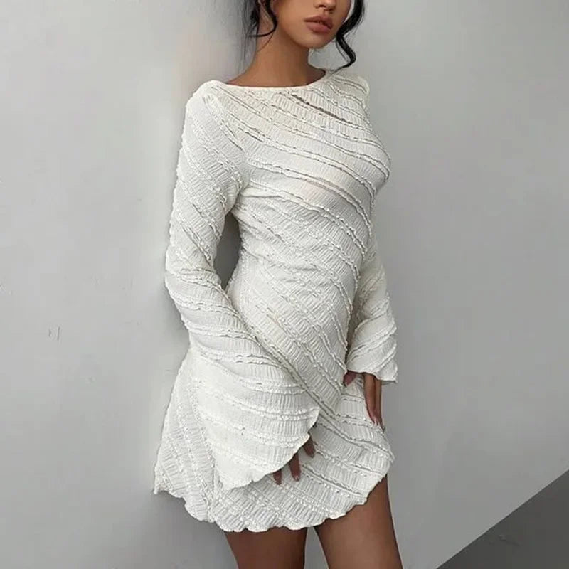 Classic White Knitted Women's Dress with Boat Collar