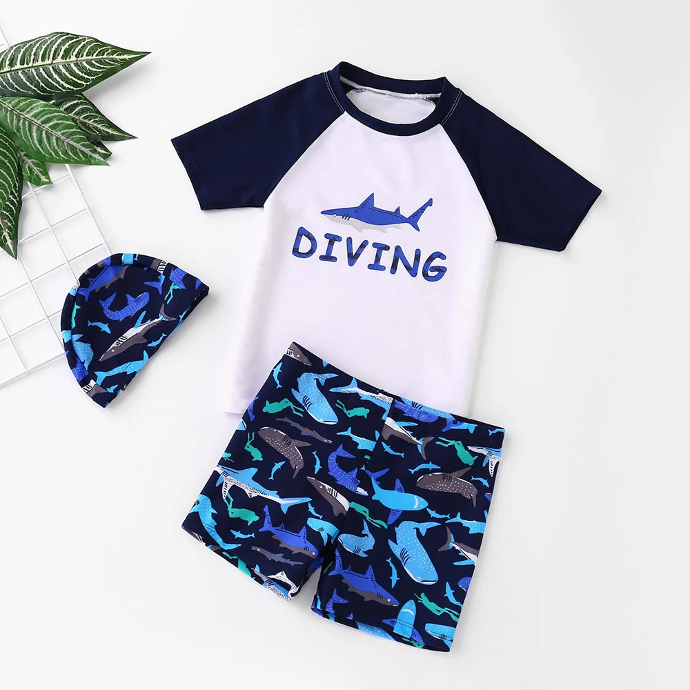 Boys Surf Rash Guard Set with Cap and Shorts for Summer