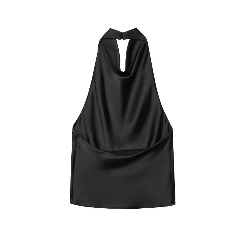 MUJER Black Satin Backless Halter Top for Women Summer Nights
