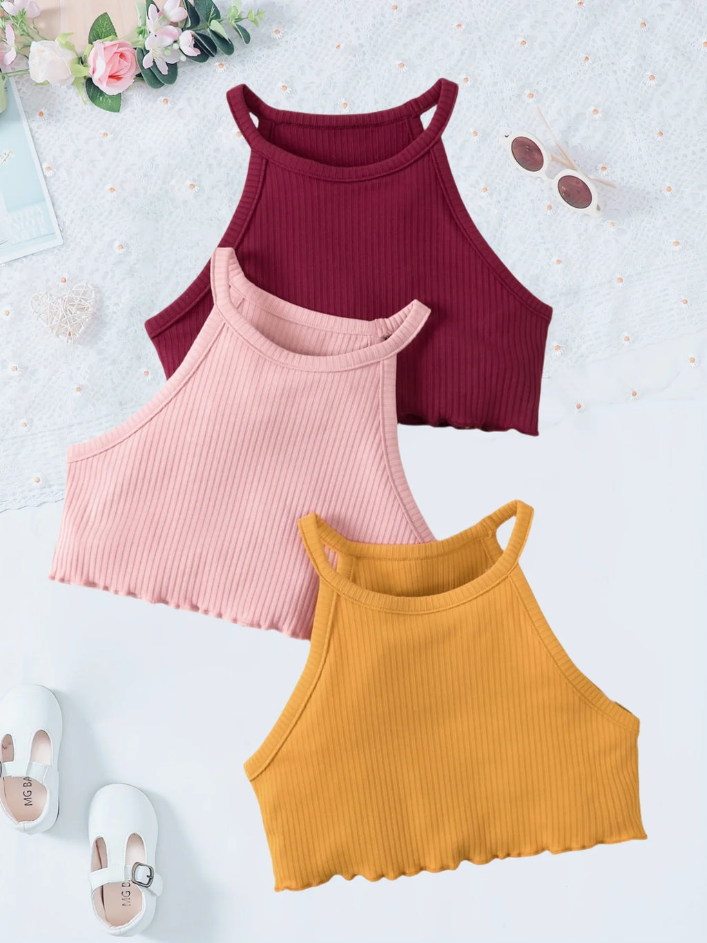 Multi-Color Ribbed Sleeveless Tops for Girls in Summer