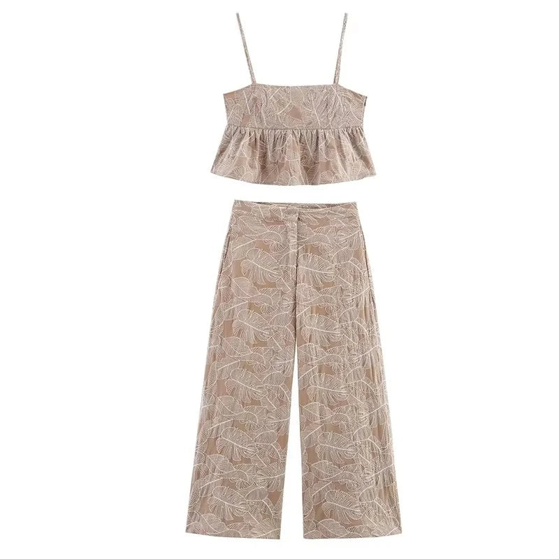 Klkxmyt Women Embroidery Crop Top and Wide Leg Trousers Set