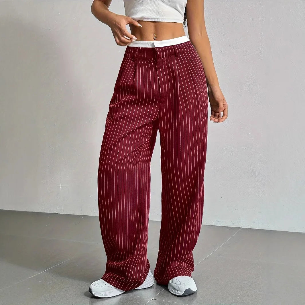 Women's High Waisted Stripe Straight Pants for Office Wear