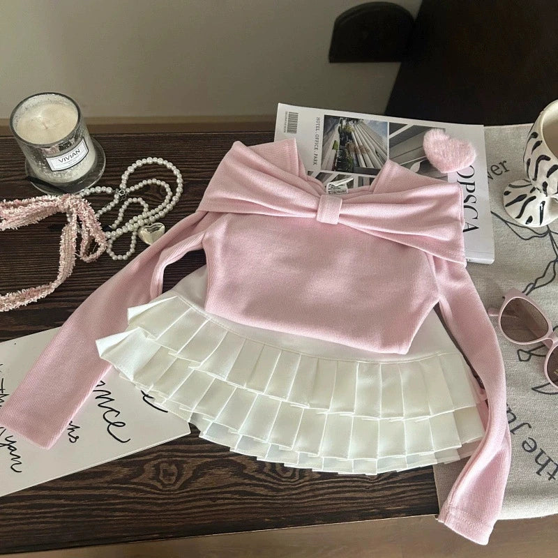 Korean Style Girls Two Piece Set with Elegant Pleated Skirt