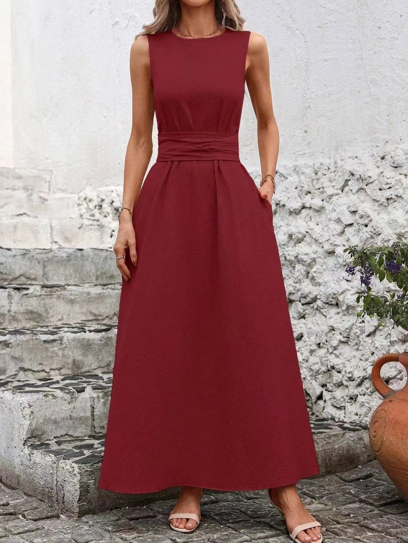 Elegant A-Line Midi Dress for Women in Solid Color
