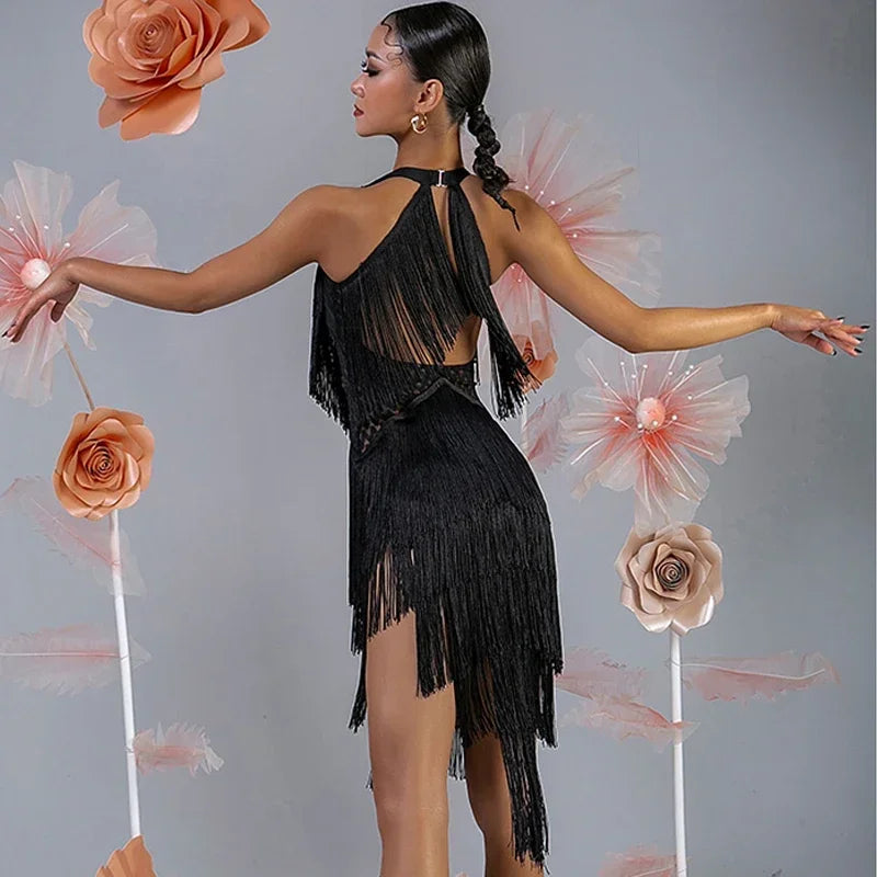 Elegant Black Backless Fringe Dress for Latin Dance Competitions