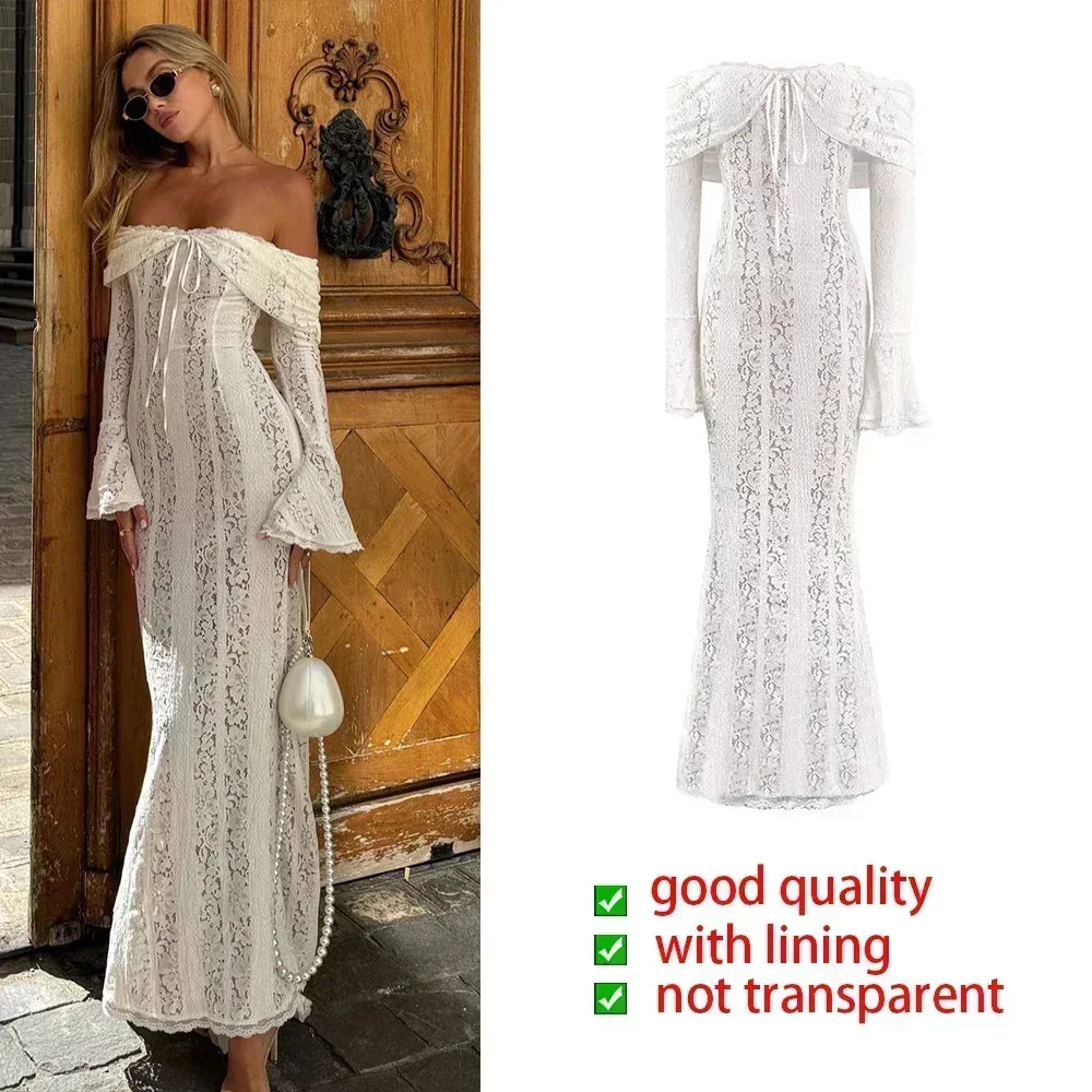 Elegant White Evening Dress with Red Lace Long Sleeves