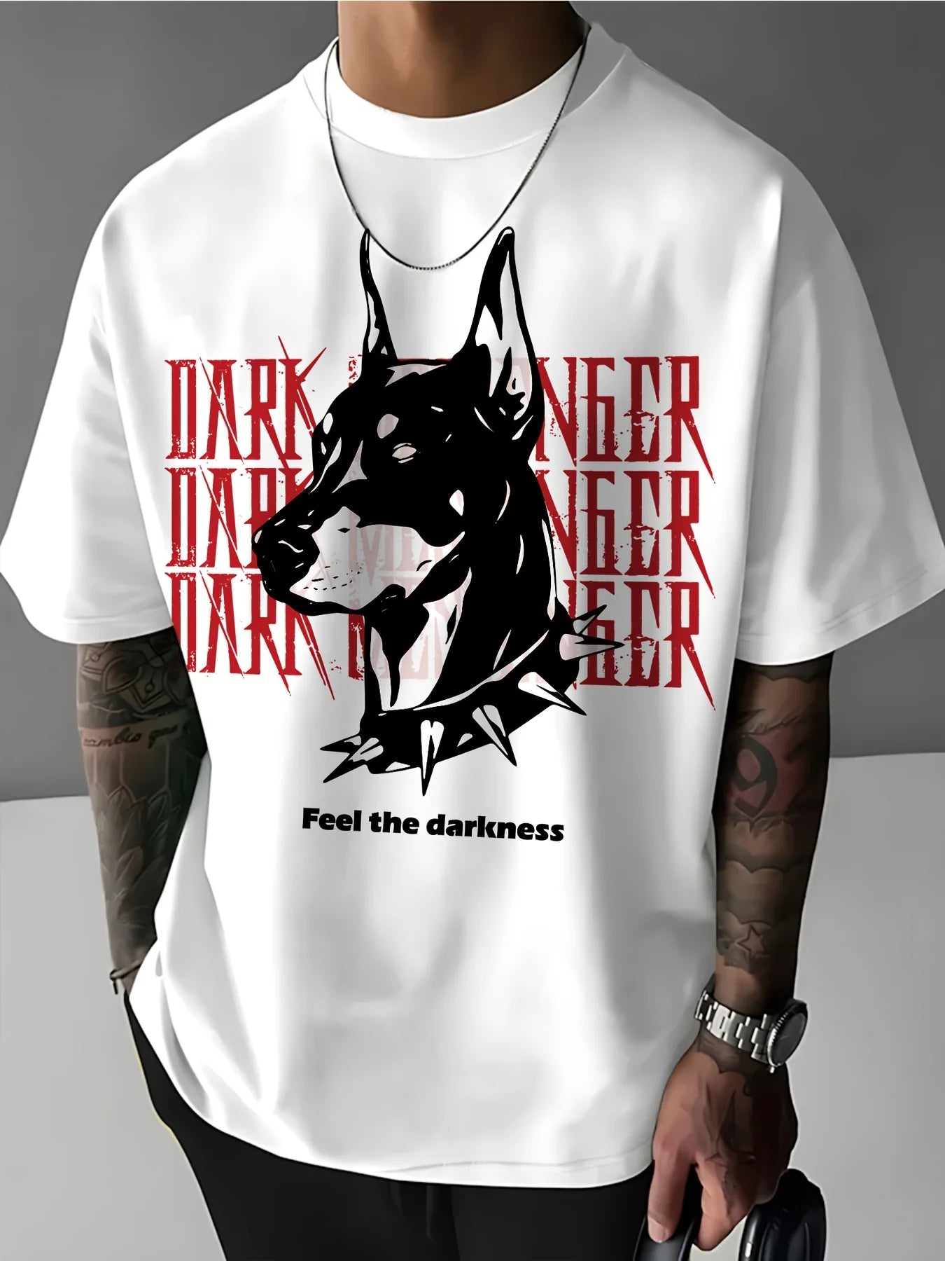 Men's Loose T-shirt - Dark Aesthetic Doberman Print - Street Style Casual Wear - Breathable Cotton Round-neck Short-sleeved Top