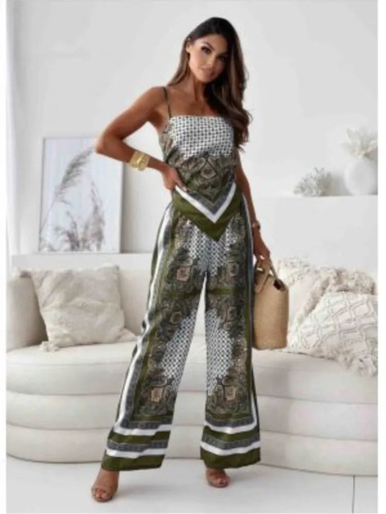 Chic Boho Print Spaghetti Strap Two Piece Set for Women