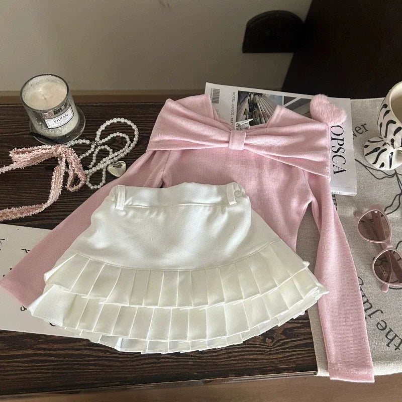 Korean Style Girls Two Piece Set with Elegant Pleated Skirt