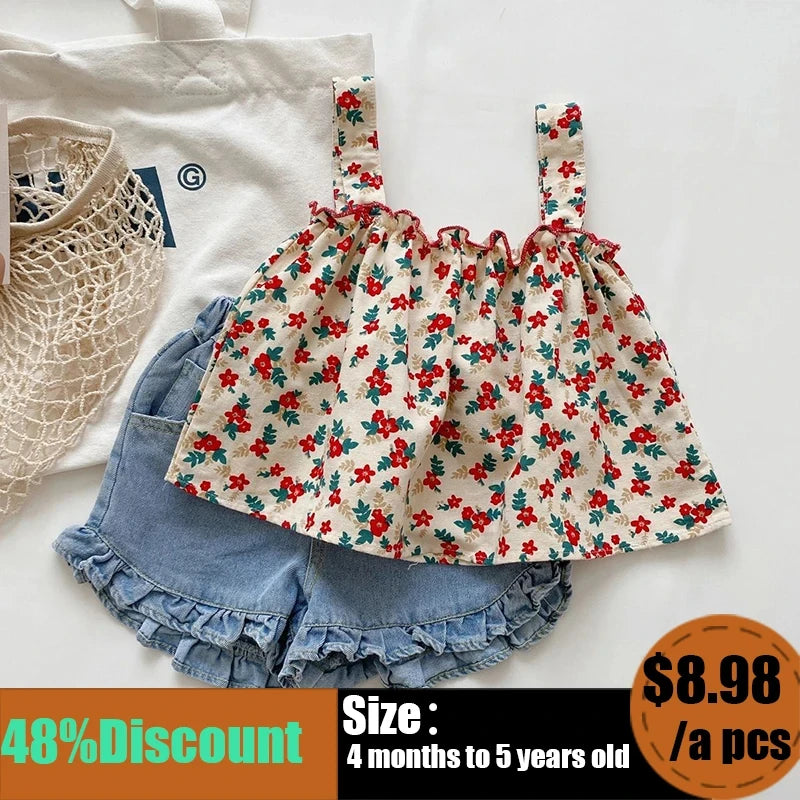 Floral Suspender Skirt and Shorts Set for Summer Girls