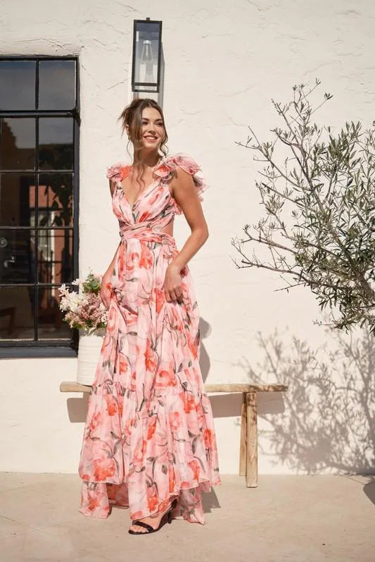Floral Printed V-Neck Long Dress for Women by MALEY LifeStyle