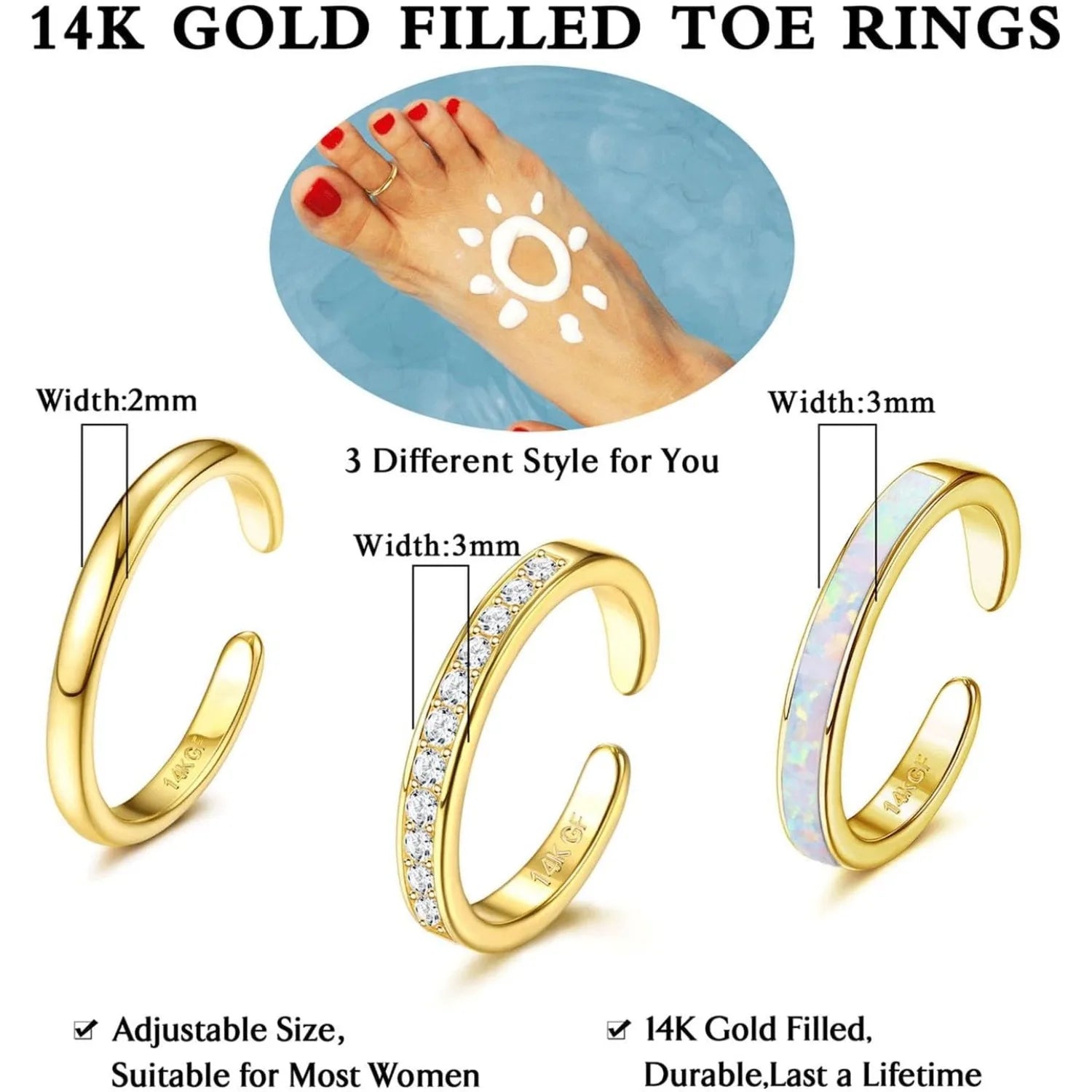 Bobisty Adjustable 14K Gold Plated Toe Rings for Women