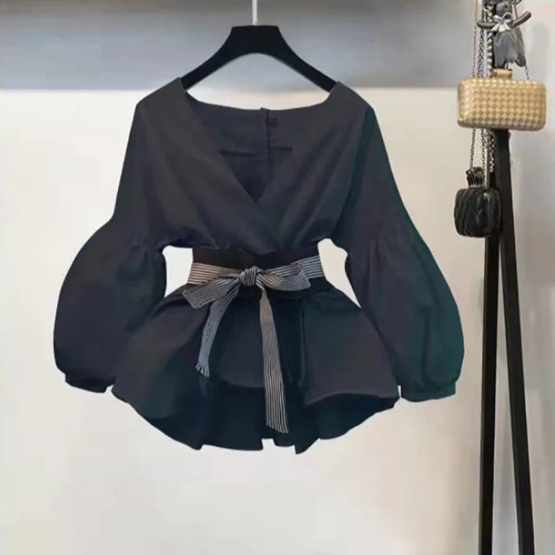 Elegant Women V-Neck Chiffon Shirt and Ripped Jeans Set