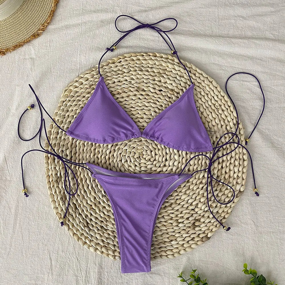 Micro Bikini Set for Women in Solid Polyester with Low Waist