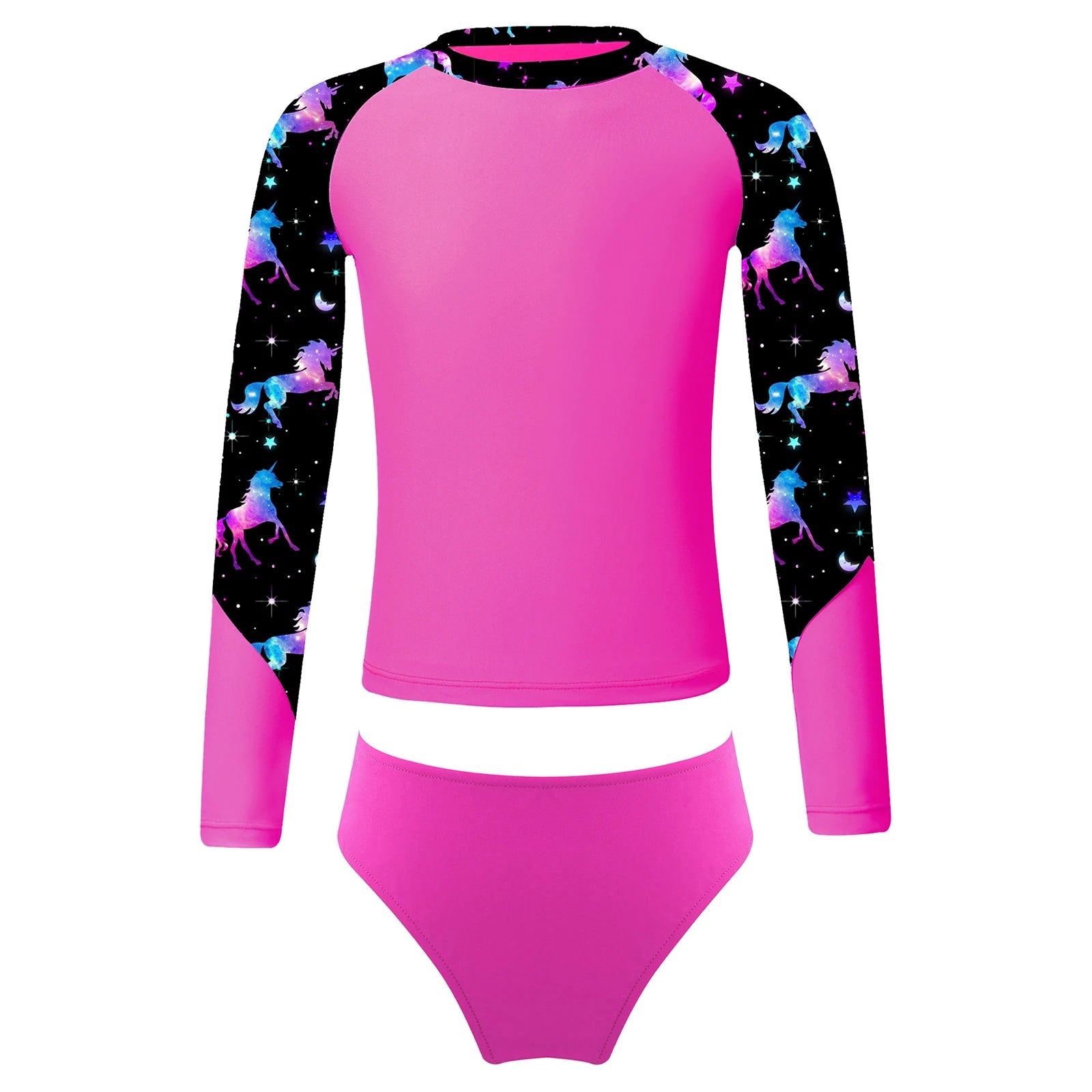 Kids Girls Long Sleeve Print Swimwear with Briefs for Beach
