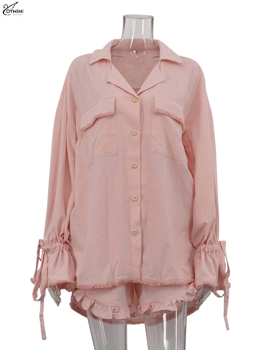 Oymimi Elegant Pink Cotton 2 Piece Set for Women