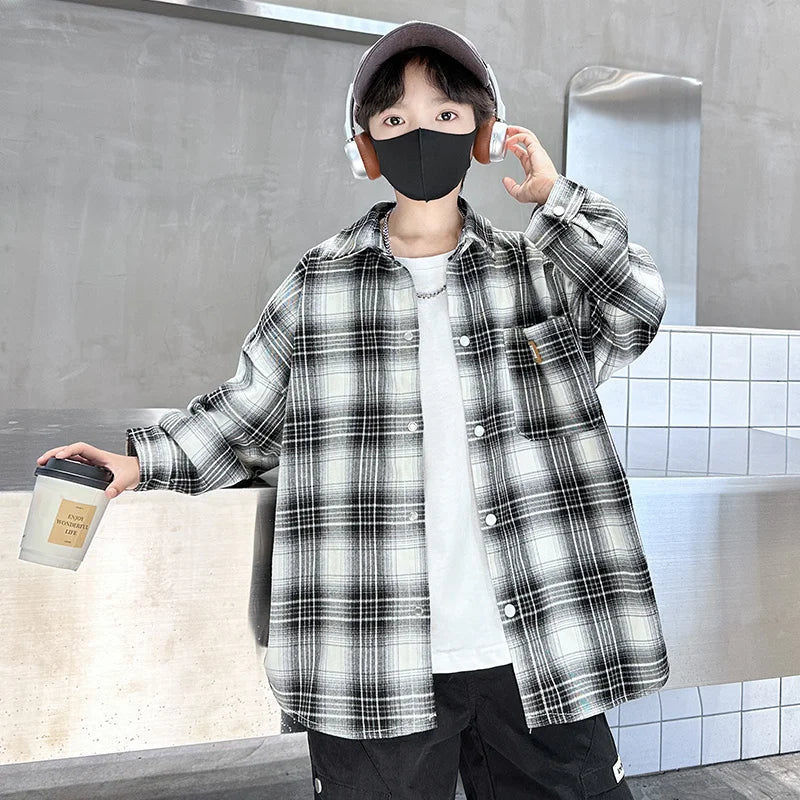 Boys Long Sleeve Plaid Shirt in Black and White for Kids