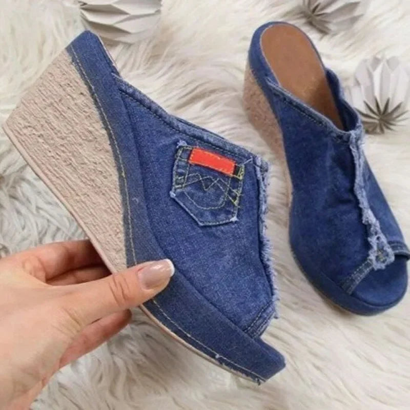 Women Summer Cowboy Slippers Retro Wedge Platform Shoes