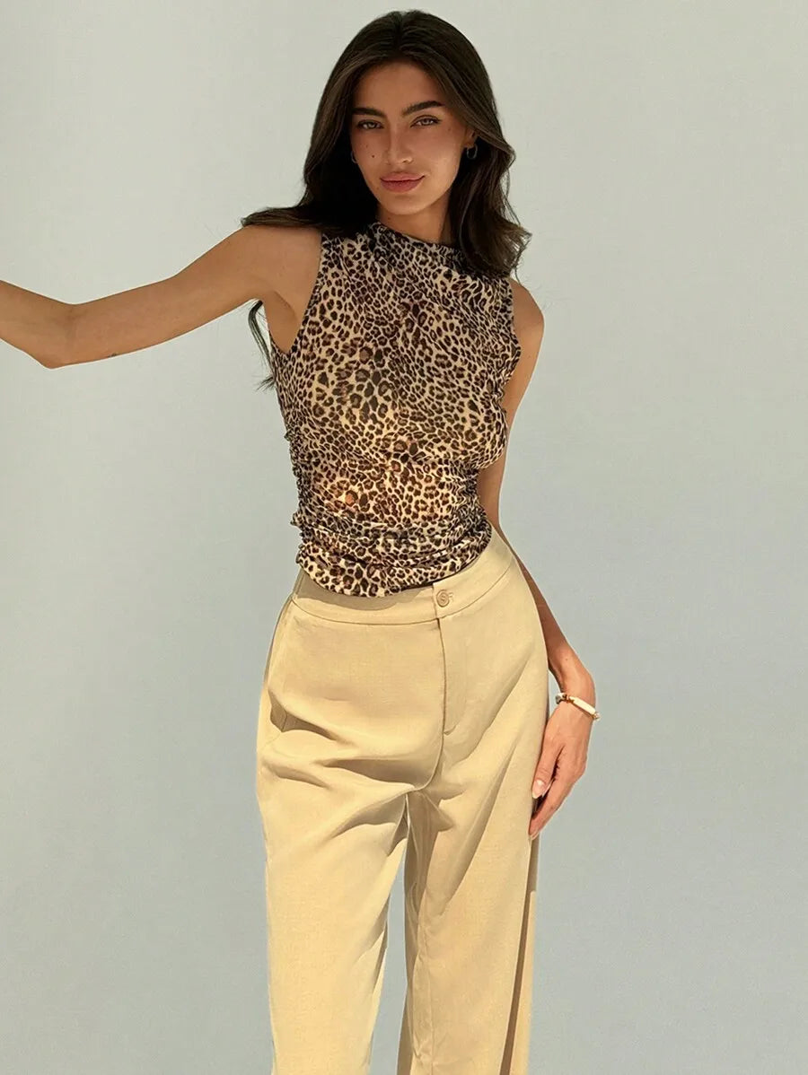 Women's Sexy Leopard Print High Neck Sleeveless Ruched Fitted Tank Top Trendy Casual Top