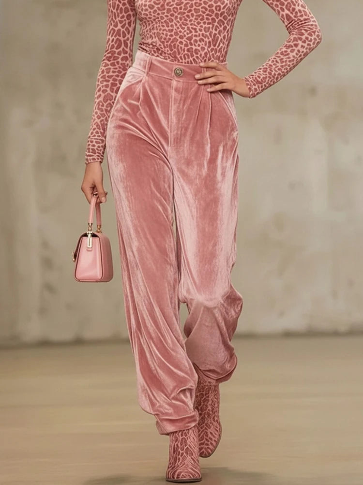 Bonboho Women's Pink Velvet High Waist Loose Fit Trousers