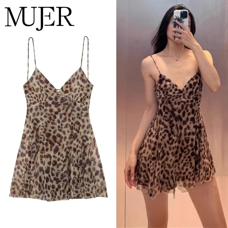 MUJER Leopard Print Tulle Mini Dress for Women