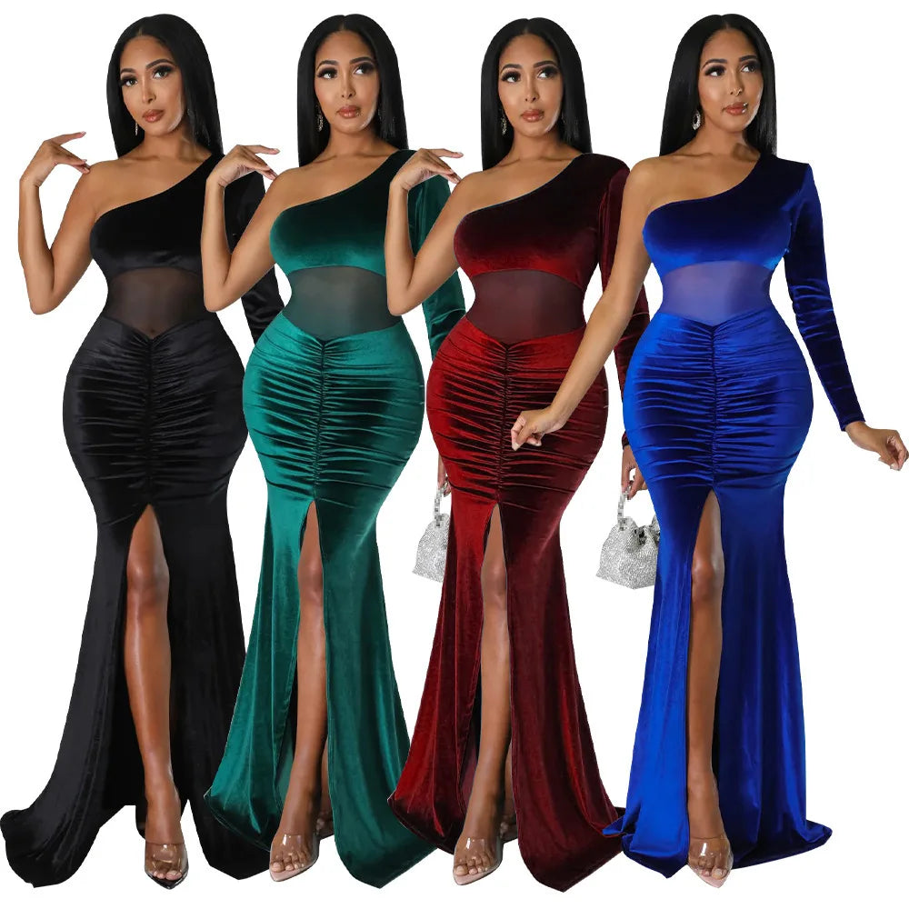 Floor-Length Evening Dress with Diagonal Collar by STEFION