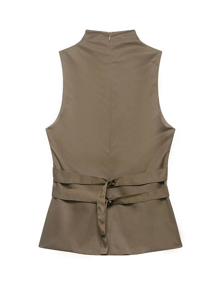 HH Woman 2026 Summer New Fashion Elegant Short Top Fashion Female High Collar Sleeveless Back Zipper Casual Slim Solid Vest Top