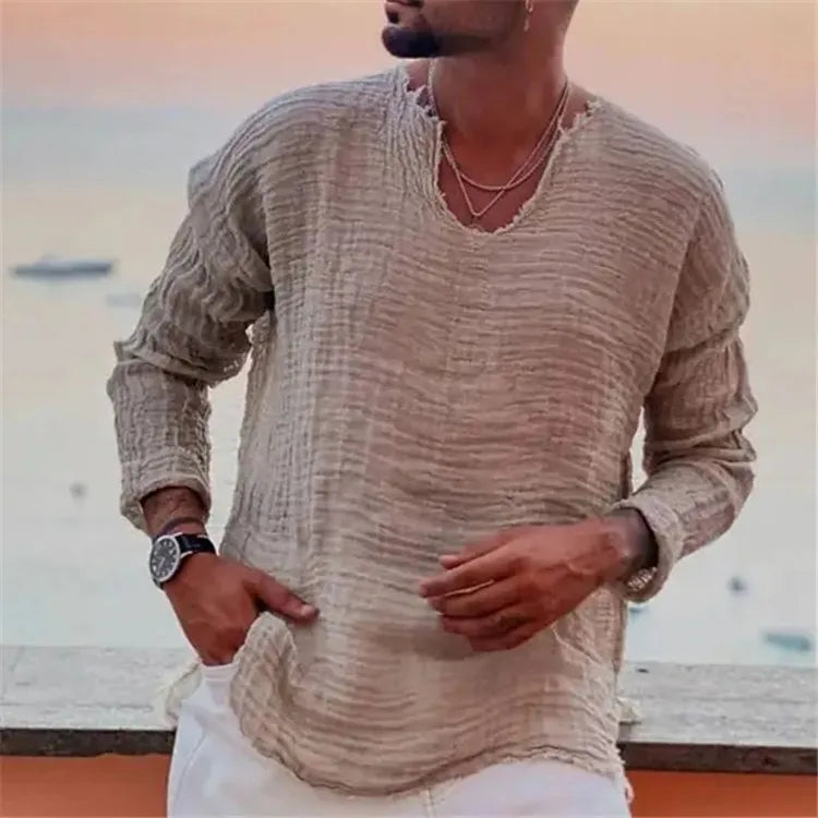 Summer Beach Handsome Men Casual Shirts Retro V-neck Long Sleeve Shirt Tops Burr Edge Pleated Loose Thin Pullover Trend Male Top