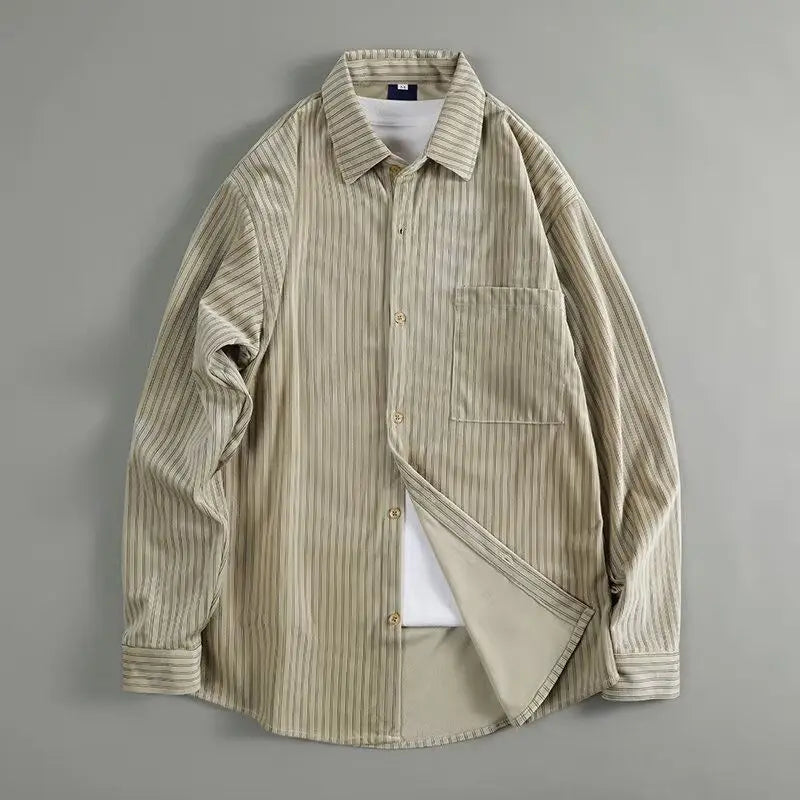 Retro Japanese Style Casual Loose Fit Corduroy Color Block Striped Long Sleeve Men's Shirt Autumn New Arrival Fashion Top