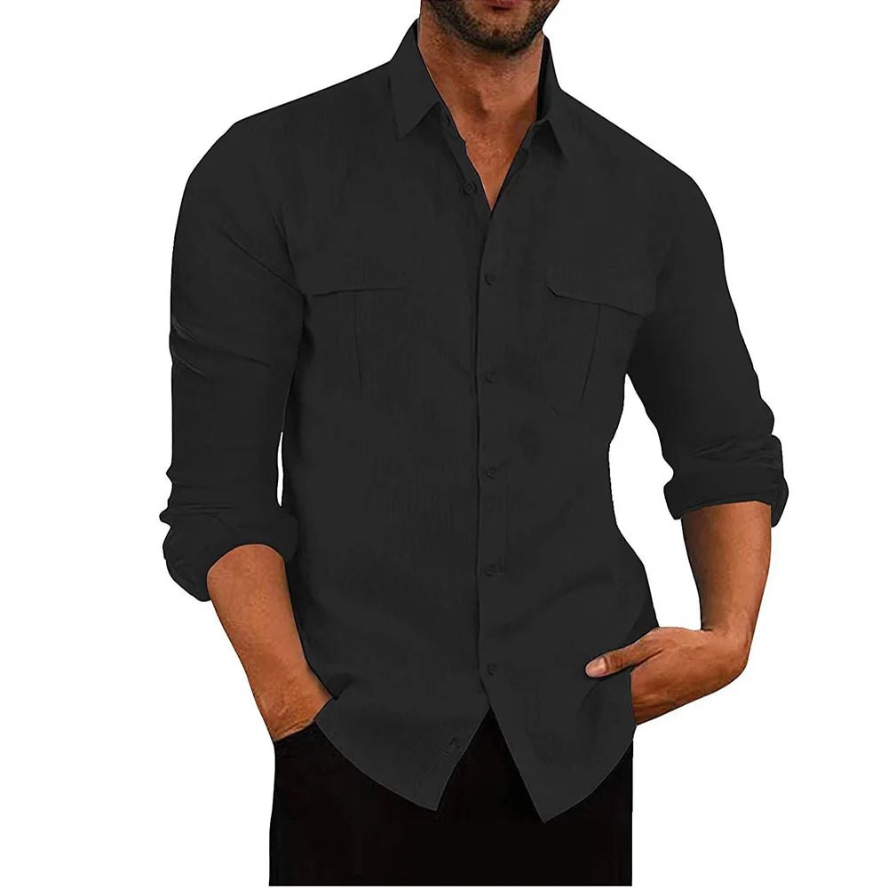 Men's Casual Cotton Linen Long Sleeve Shirt for Autumn