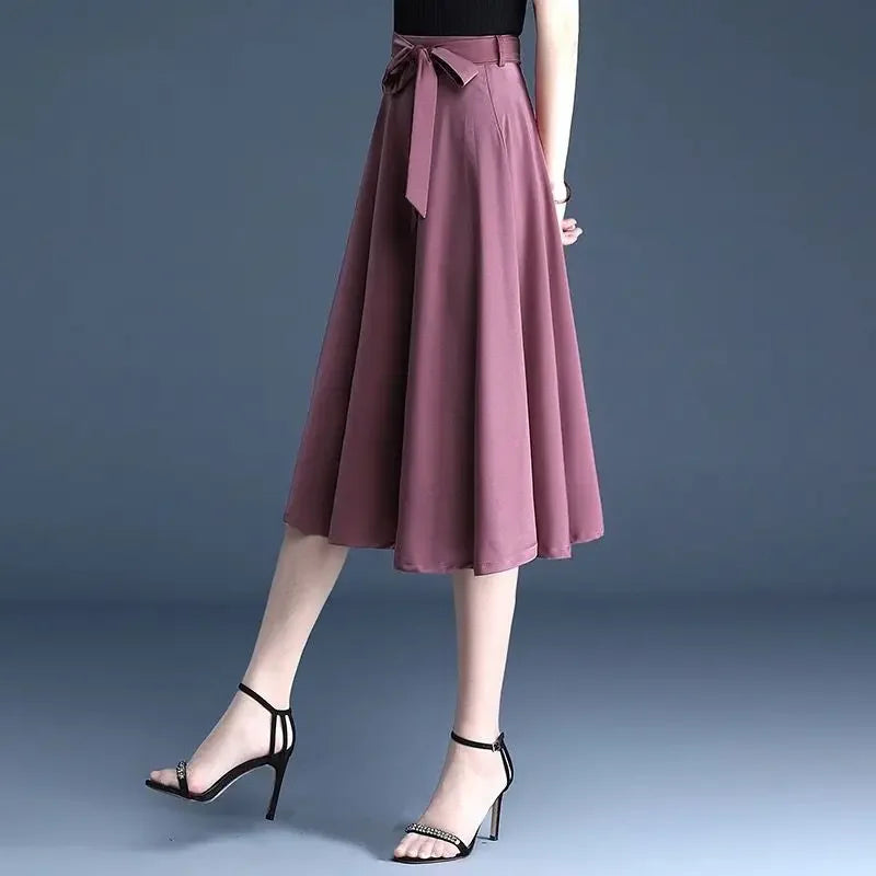 Cotton Blend A-Line Midi Skirt for Women with Lace-Up Detail